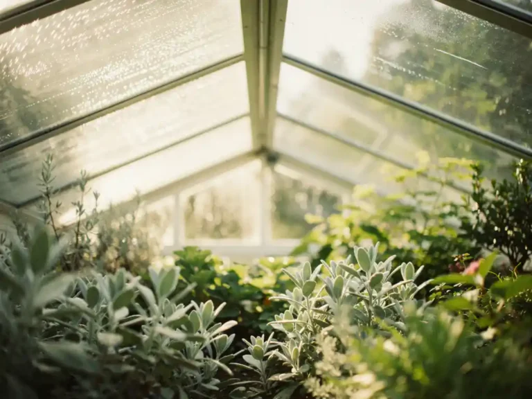 Weelderig groen botanisch gebladerte gefilterd door een glazen kasplafond met zachte condens en warm natuurlijk daglicht.